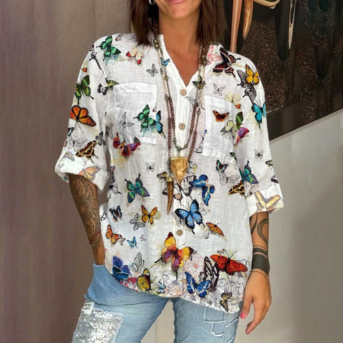 Cotton And Linen Lace Butterfly Art Blend Blouse