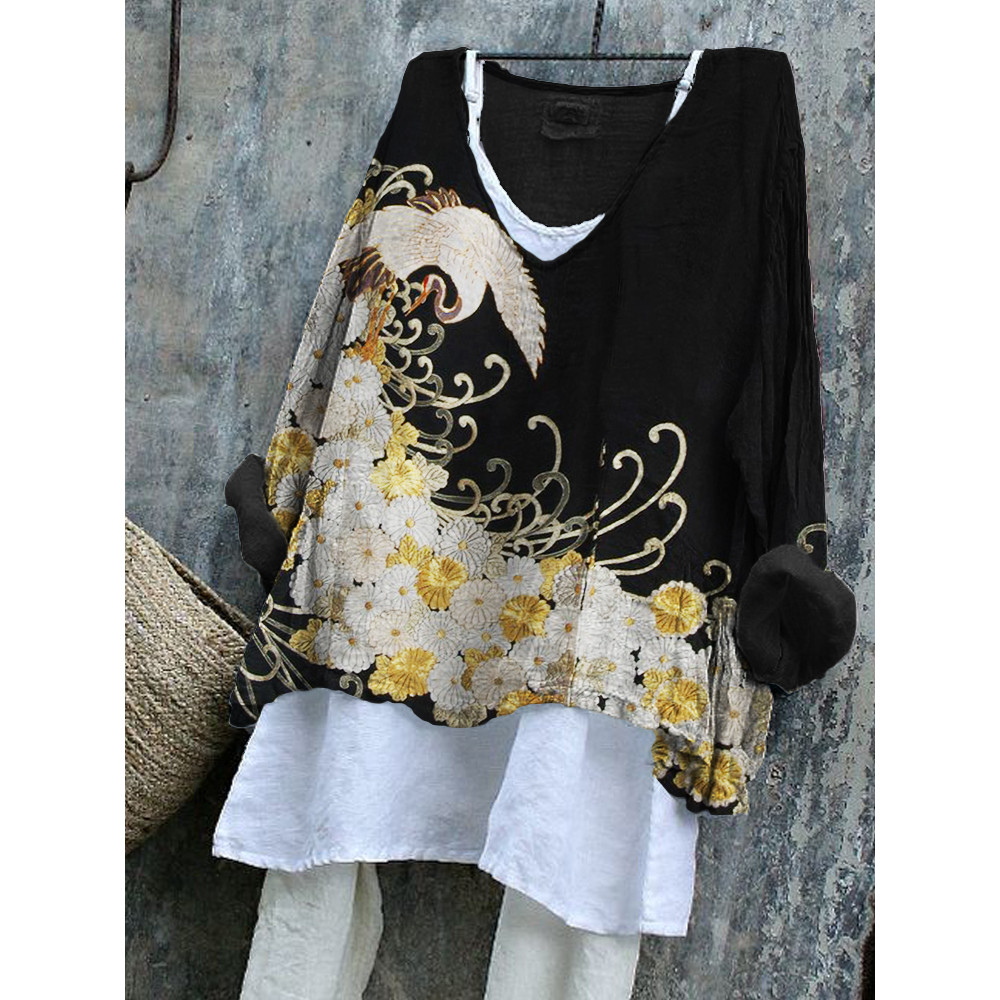 Crane Chrysanthemum Floral Japanese Art Linen Blend Tunic