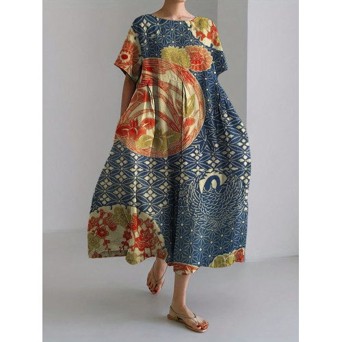 Crane Floral Japanese Traditional Pattern Linen Blend Maxi Dress