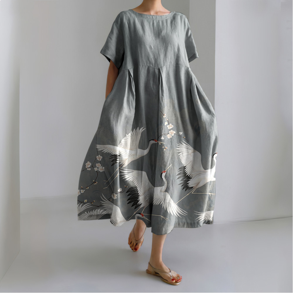 Crane Print Crew Neck Short Sleeves Midi Dress