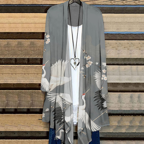 Crane Print Long Sleeve Casual Cardigan