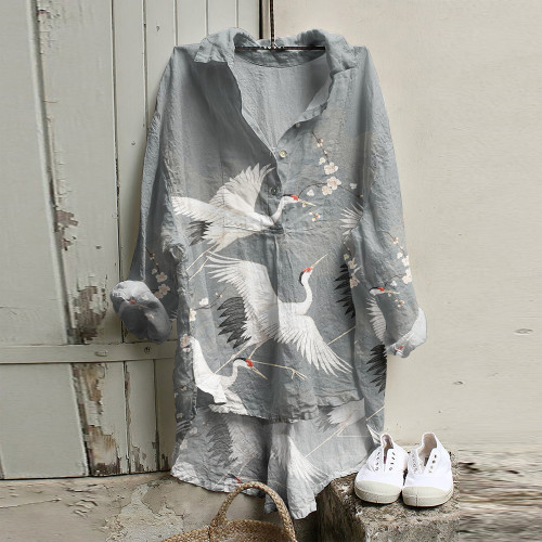 Crane Print Loose Casual Shirt