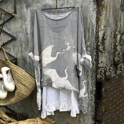 Crane Print Round Neck Loose Casual Blouse