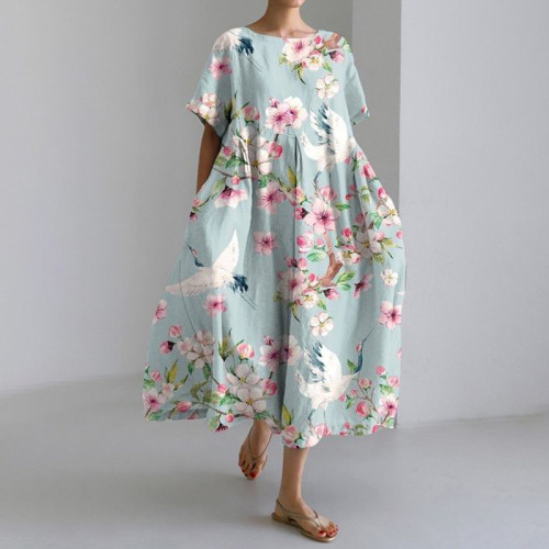 Crane Print Round Neck Short Sleeve Casual Midi Dress