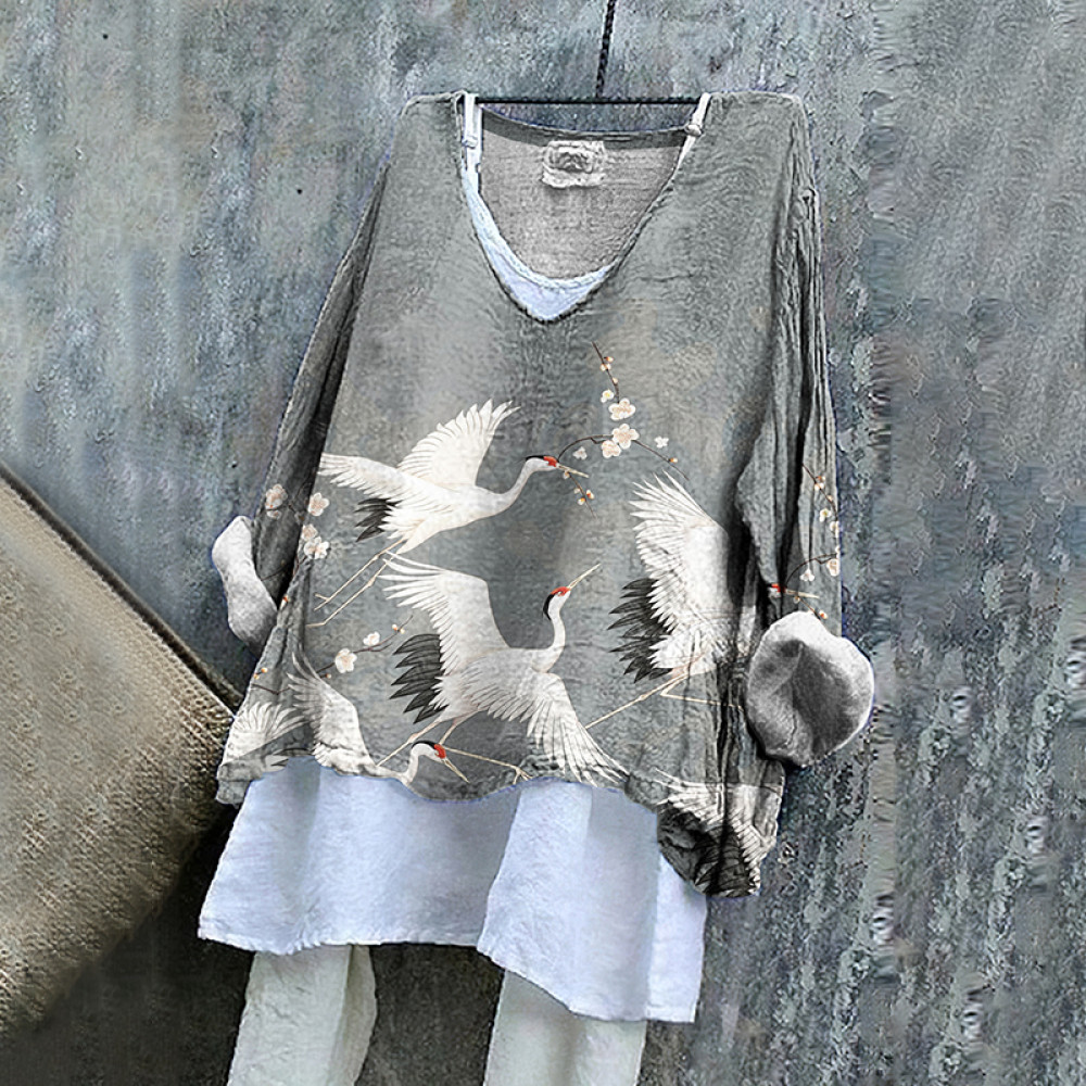 Crane Print V-Neck Loose Blouse