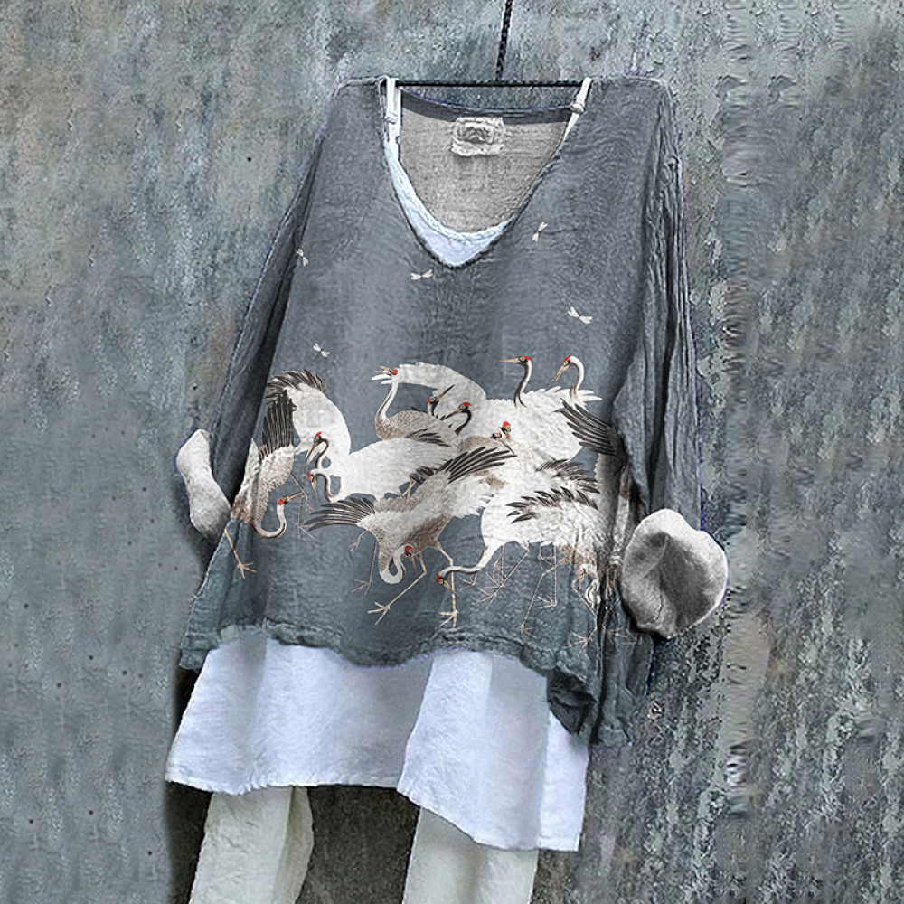 Crane Print V-Neck Loose Blouse