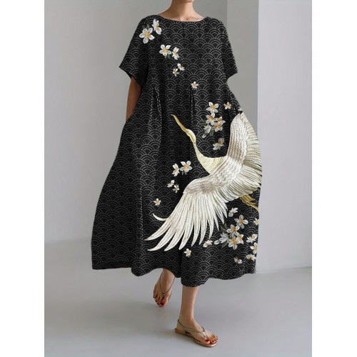 Crane & Flowers Embroidered Sea Waves Japanese Linen Blend Maxi Dress