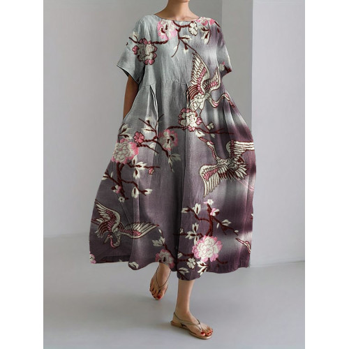 Cranes Floral Embroidered Linen Blend Maxi Dress