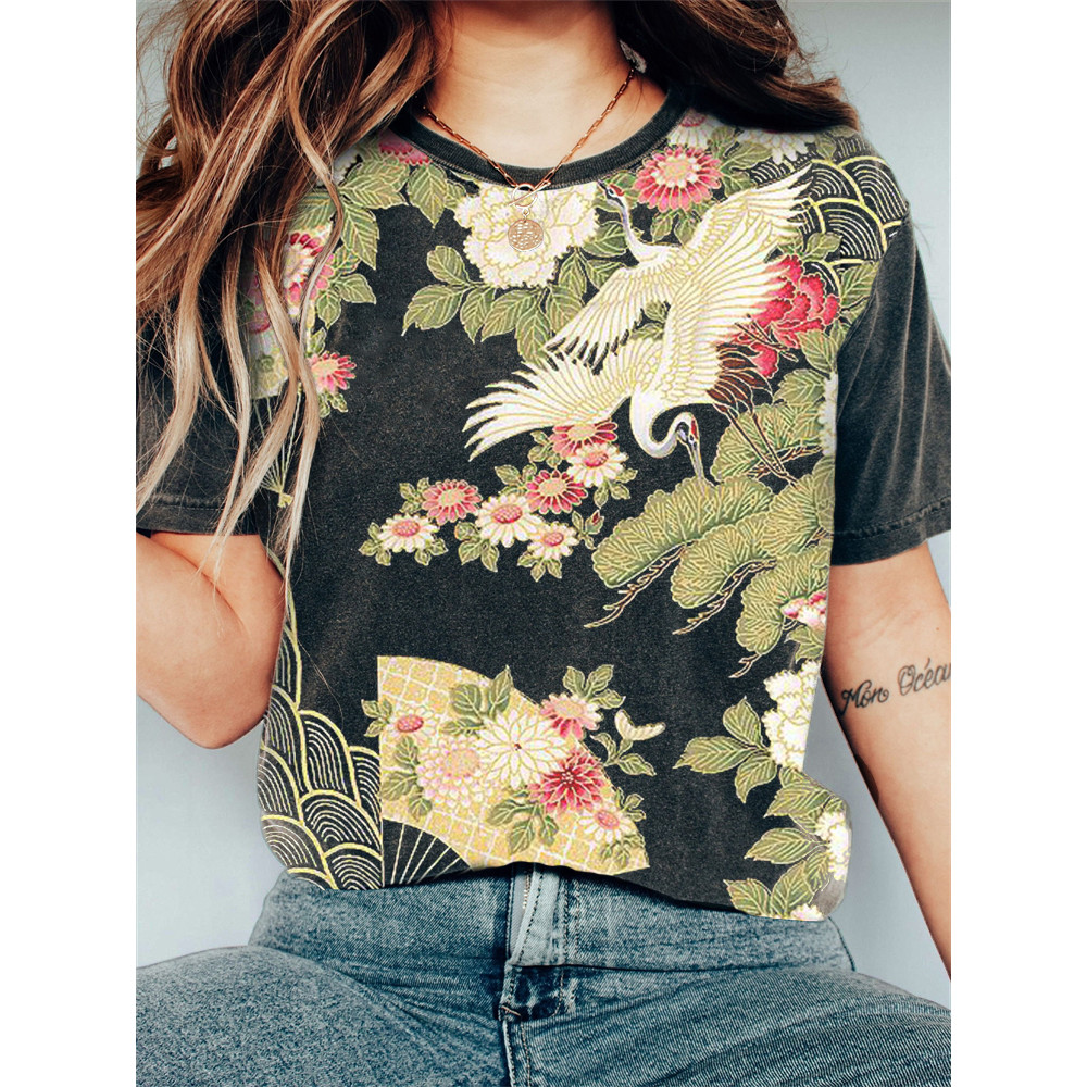Cranes Floral Japanese Art Vintage T Shirt