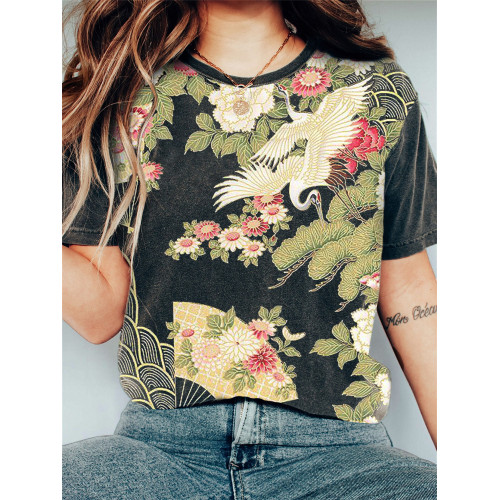 Cranes Floral Japanese Art Vintage T Shirt