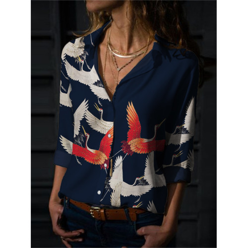 Cranes Japanese Art Vintage Flowy Blouse