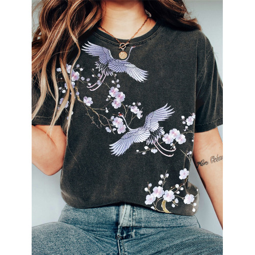 Cranes & Cherry Blossom Embroidery Vintage Washed T Shirt