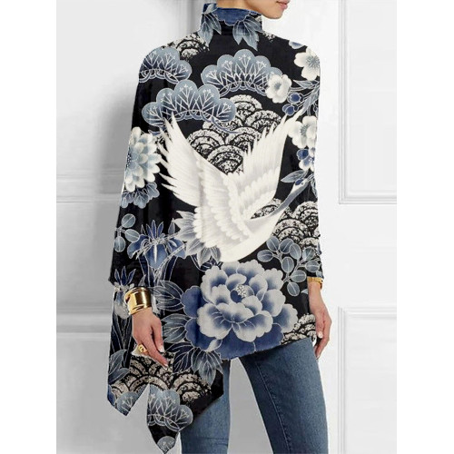 Cranes & Flowers Japanese Art High Neck T Shirt