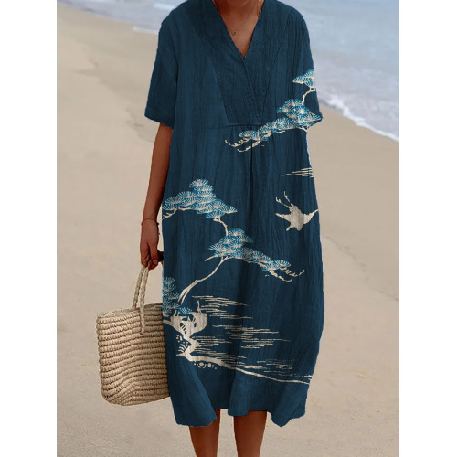 Cranes & Pine Trees Japanese Lino Art Linen Blend Dress