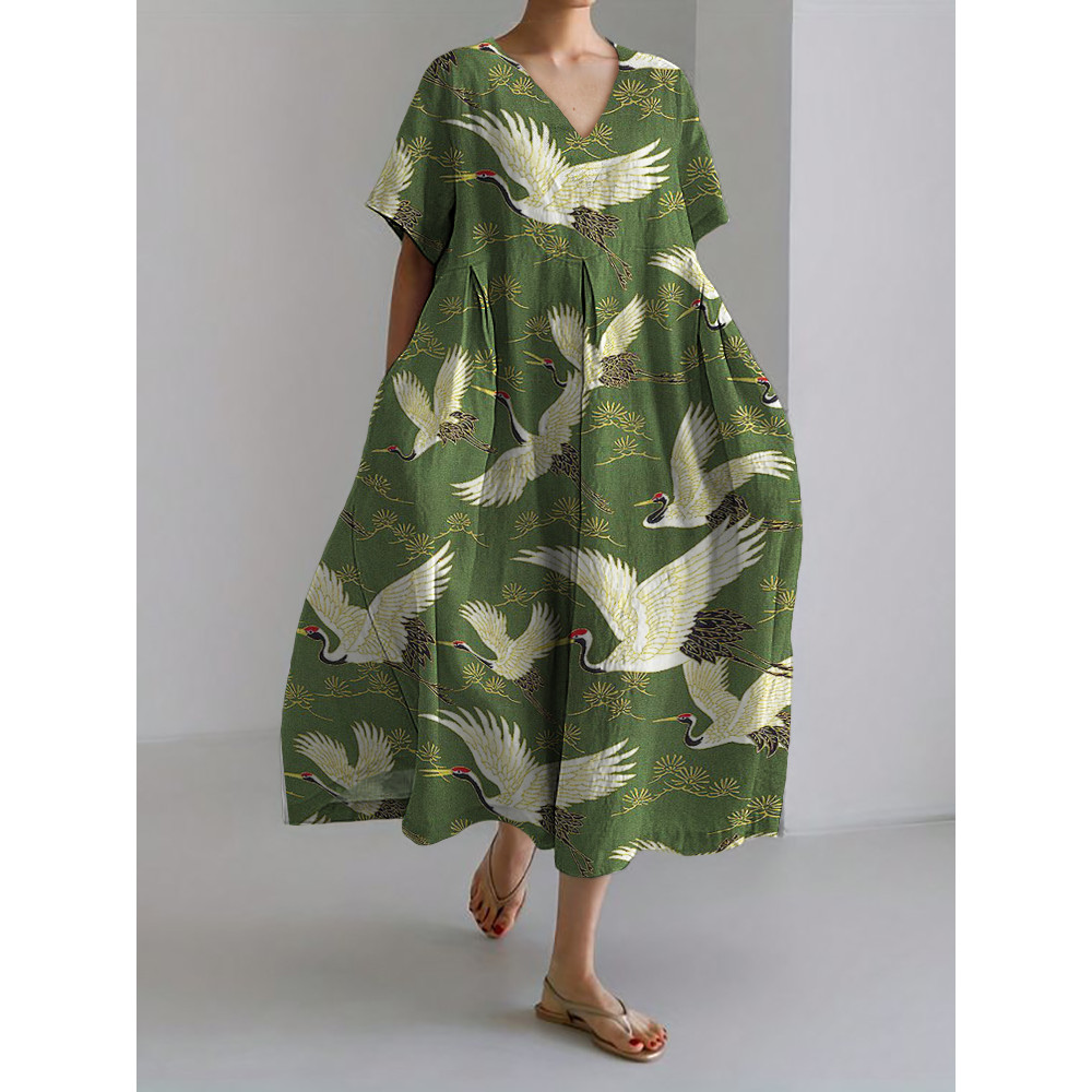 Cranes & Pine Trees Japanese Pattern Linen Blend Maxi Dress