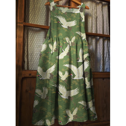 Cranes & Pine Trees Japanese Pattern Linen Blend Pinafore Dress