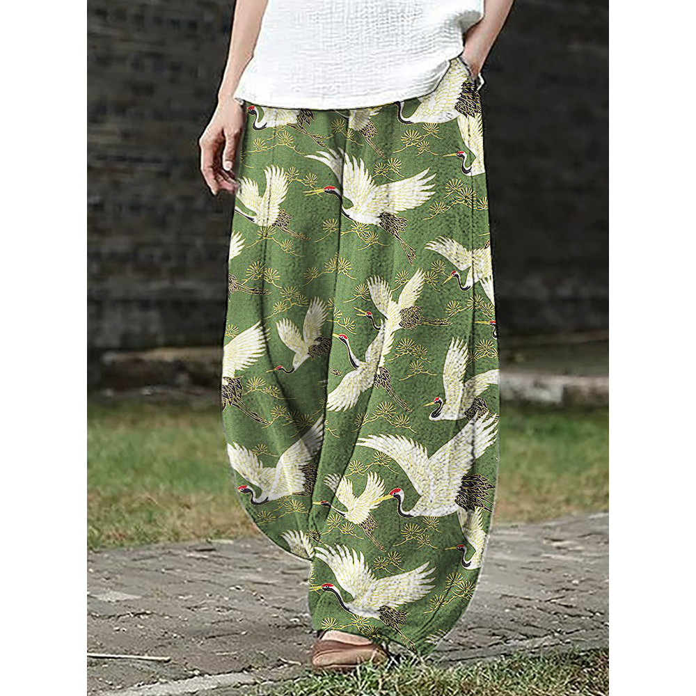 Cranes & Pine Trees Japanese Pattern Linen Blend Wide Leg Pants