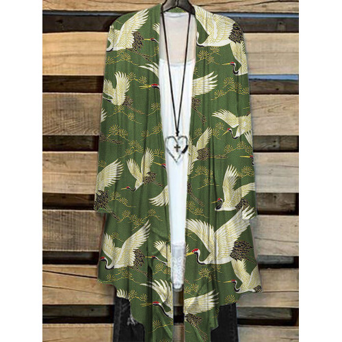 Cranes & Pine Trees Japanese Traditional Pattern Flowy Kimono Cardigan