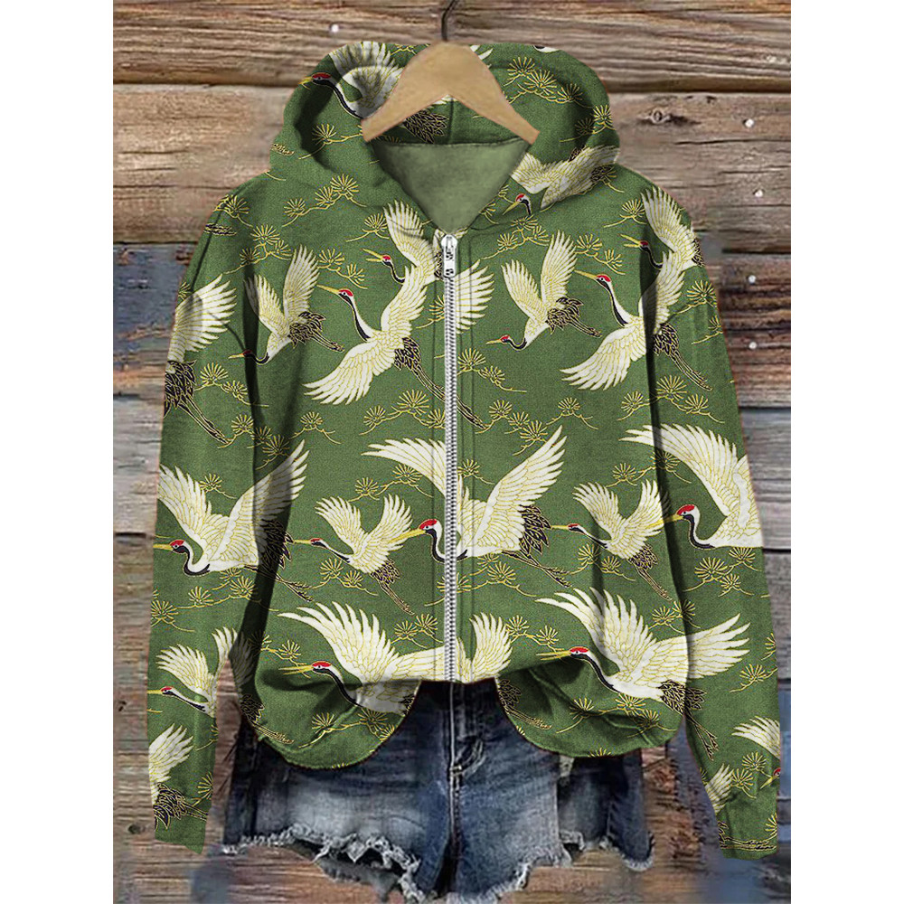 Cranes & Pine Trees Japanese Traditional Pattern Full Zip Hoodie