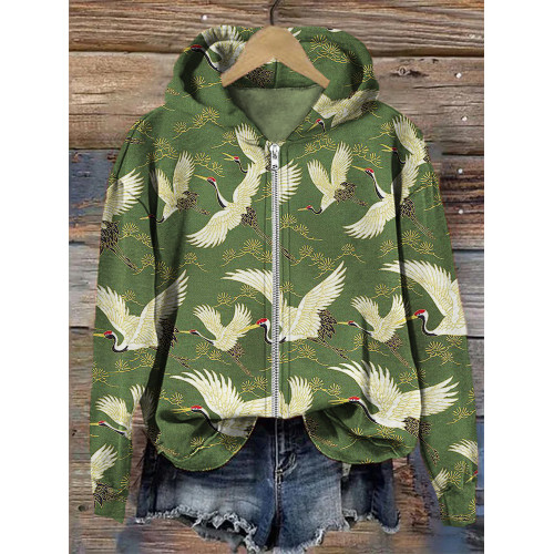 Cranes & Pine Trees Japanese Traditional Pattern Full Zip Hoodie