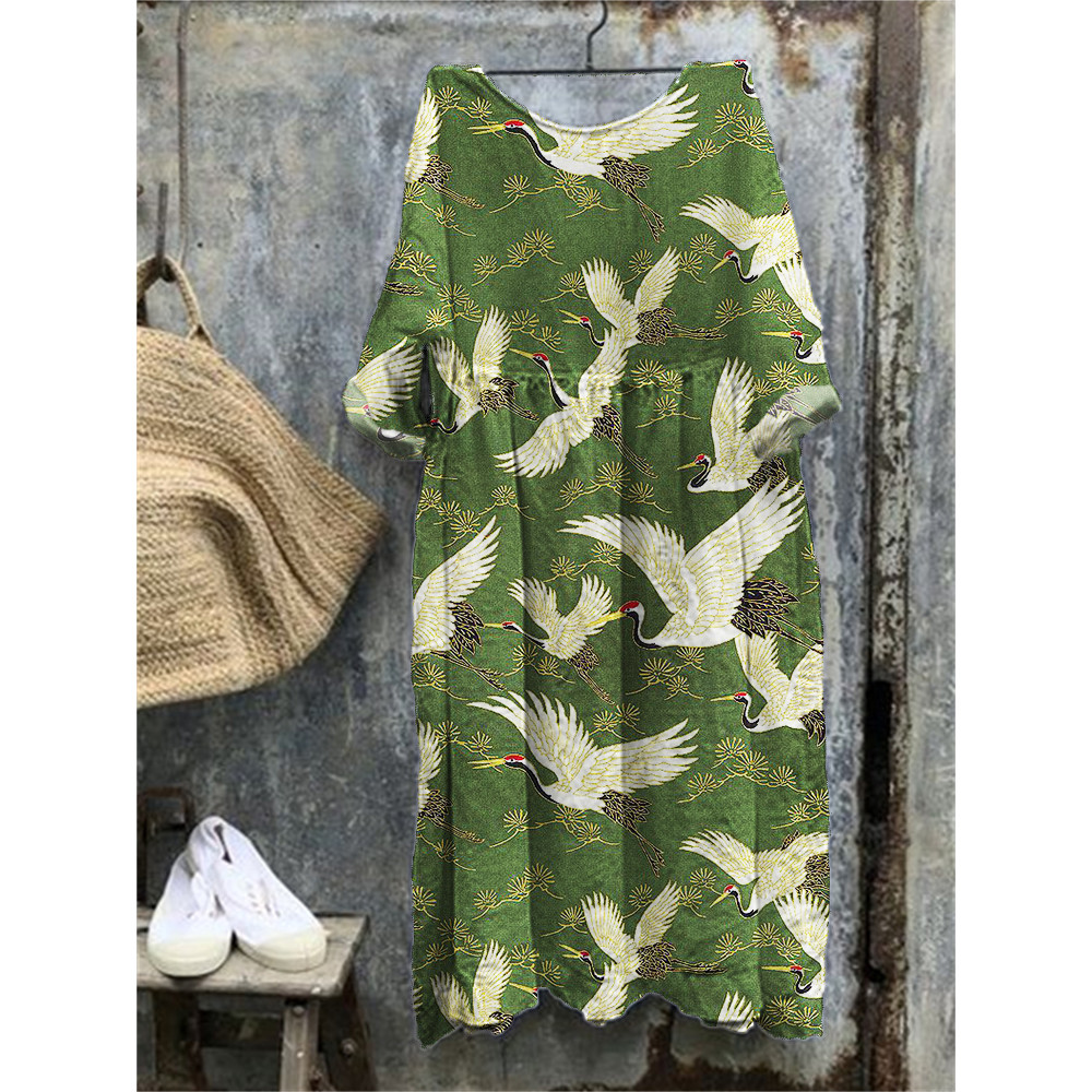 Cranes & Pine Trees Japanese Traditional Pattern Maxi Dress