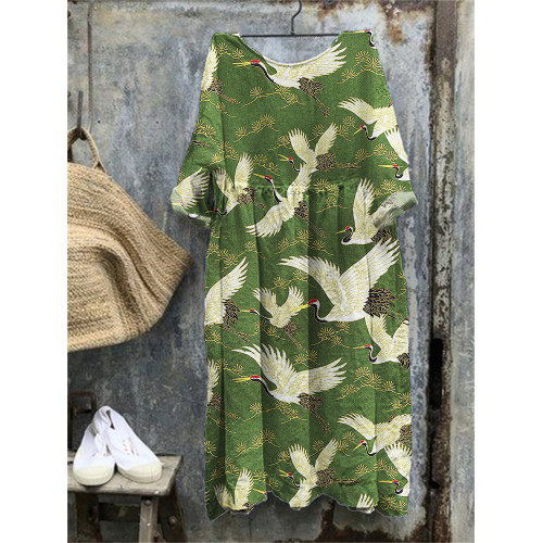 Cranes & Pine Trees Japanese Traditional Pattern Maxi Dress