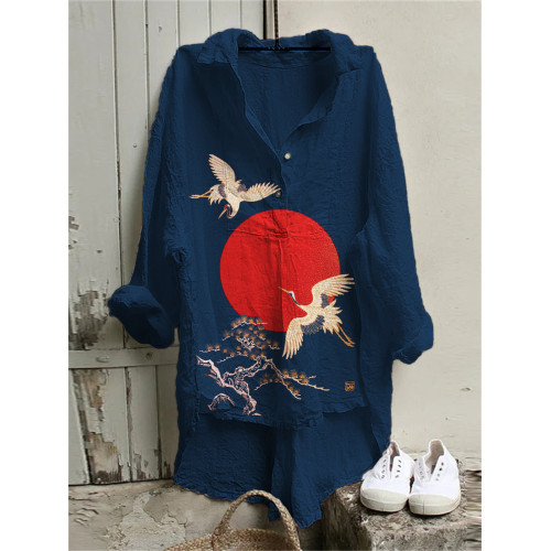 Cranes & Pine Trees Sunrise Japanese Art High Low Tunic