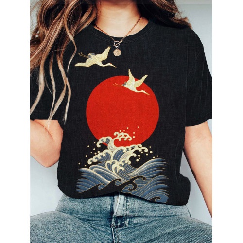 Cranes & Sunrise Japanese Art Vintage Washed T Shirt