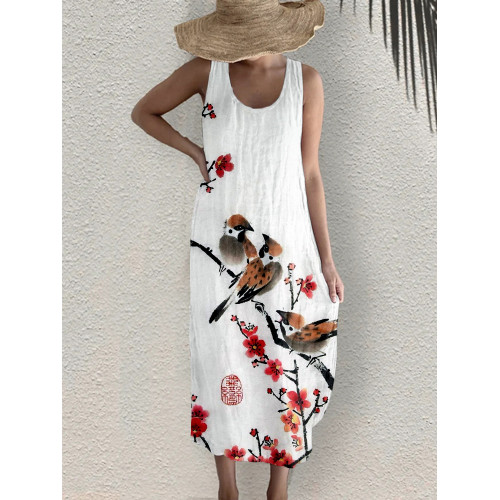 Cute Birds& Plum Blossom Linen Blend Midi Dress