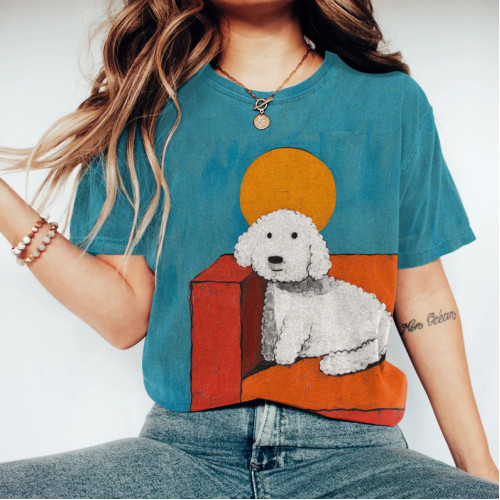 Cute Dog Sun Print Round Neck Short Sleeve T-Shirt