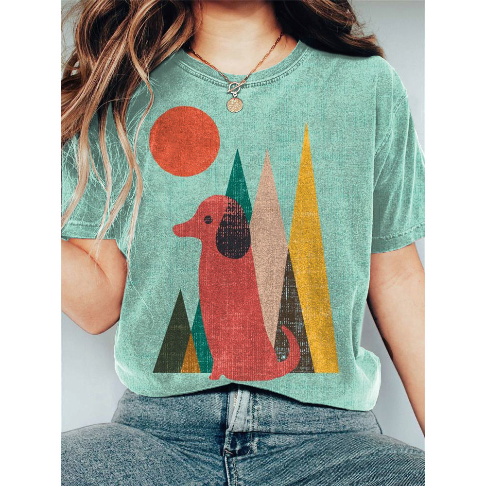 Dachshund Sunrise Landscape Print Casual Cotton T-Shirt
