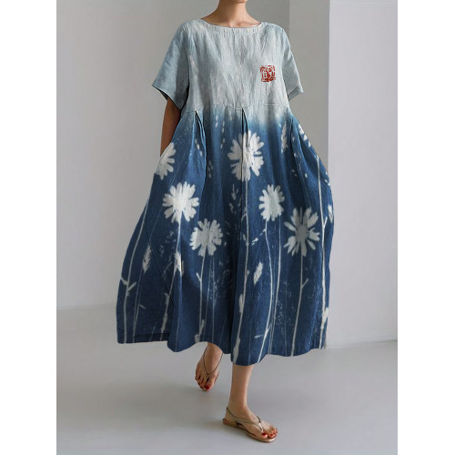 Daisies Floral Cyanotype Gradient Linen Blend Maxi Dress