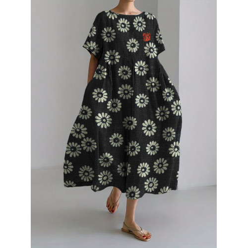 Daisies Japanese Lino Pattern Linen Blend Maxi Dress
