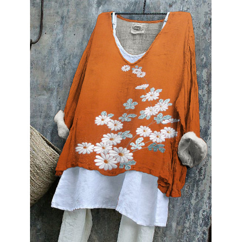 Daisy Embroidery Pattern V-Neck Loose Top