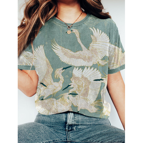 Dancing Cranes Crew Neck Vintage Washed T Shirt