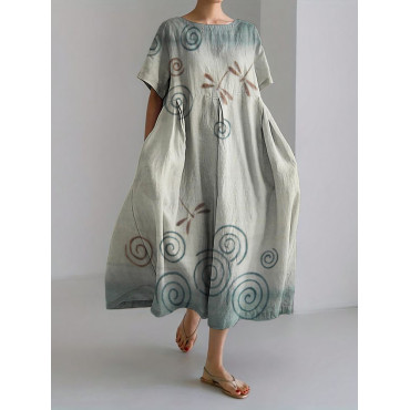 Dragonflies & Ripples Gradient Japanese Art Linen Blend Maxi Dress