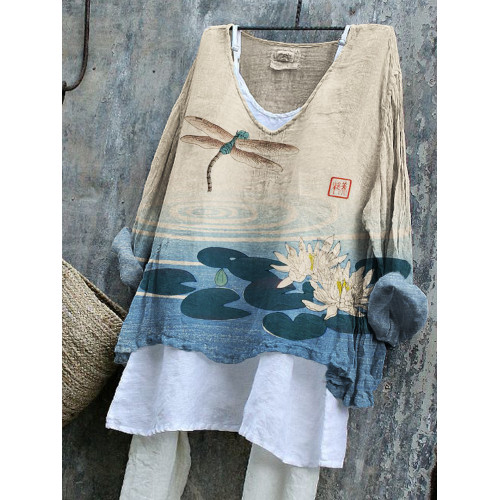Dragonfly & Lotus Pond Japanese Art Linen Blend Tunic