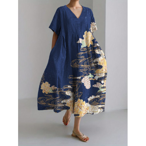 Dreamy Flowers Japanese Art Linen Blend Maxi Dress