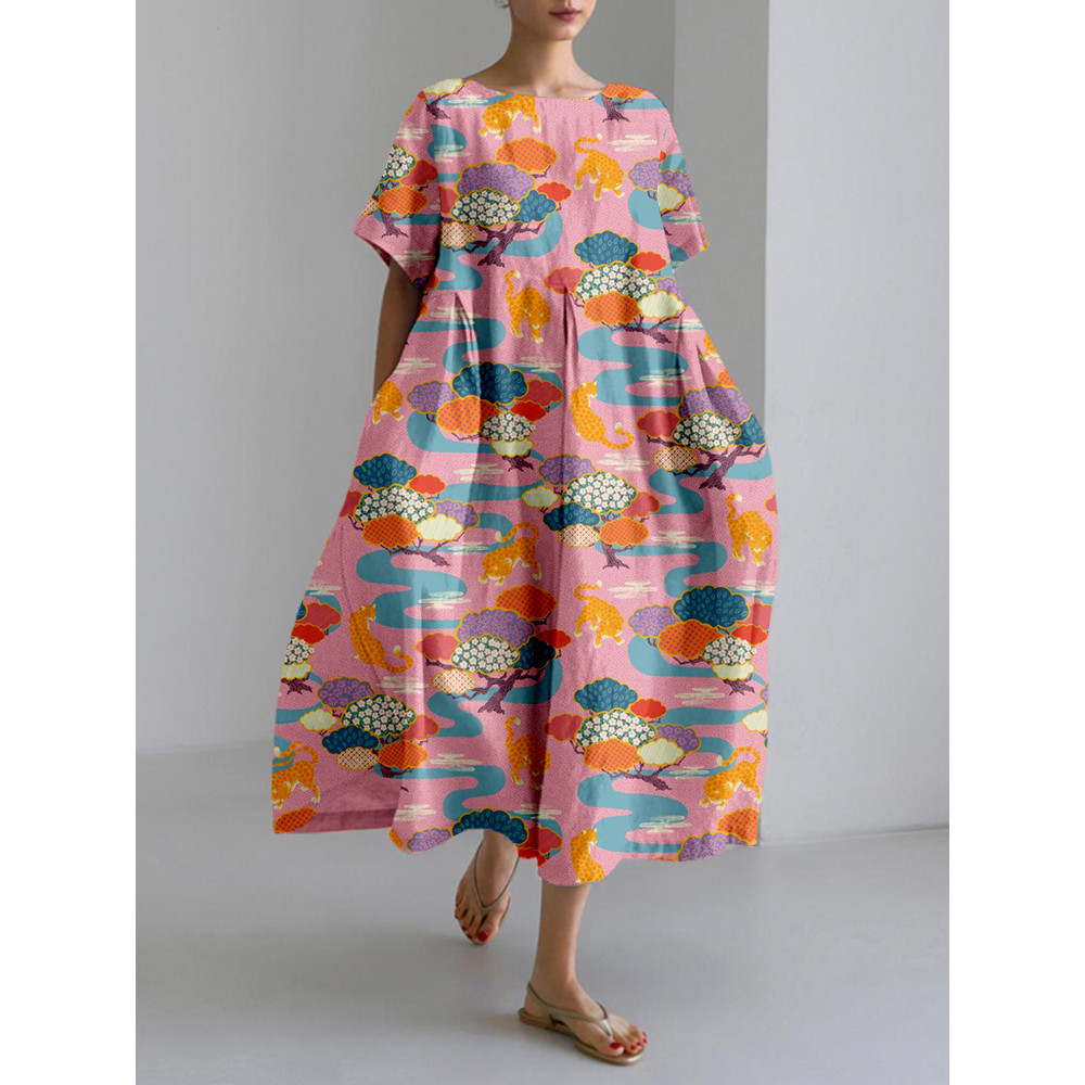 Edo Safari in Pink Japanese Art Linen Blend Maxi Dress