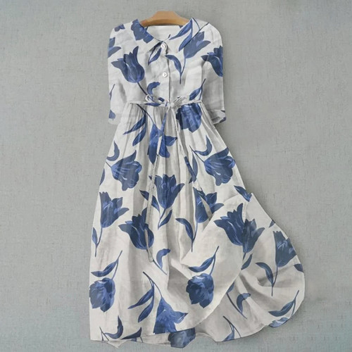 Elegant Art Floral Print Lace-up Casual Midi Dress