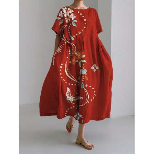 Elegant Butterflies Floral Embroidery Art Linen Blend Maxi Dress