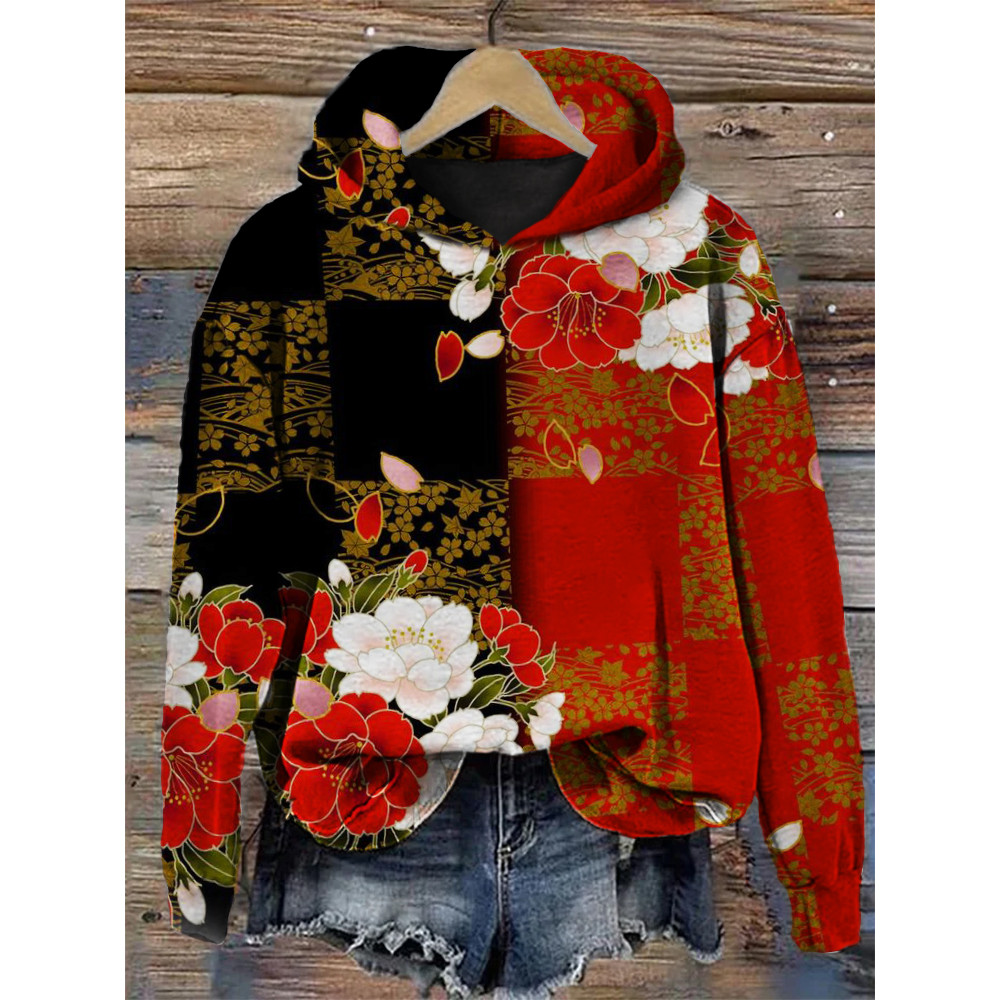 Elegant Floral Japanese Art Contrast Color Hoodie