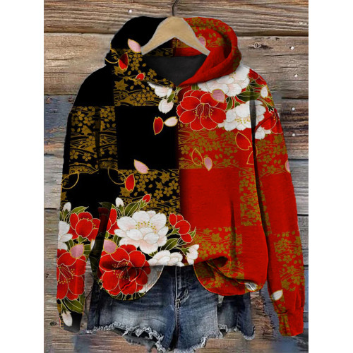 Elegant Floral Japanese Art Contrast Color Hoodie