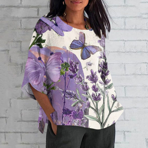 Elegant Japanese Art Butterfly And Purple Floral Print Crew Neck Casual T-Shirt