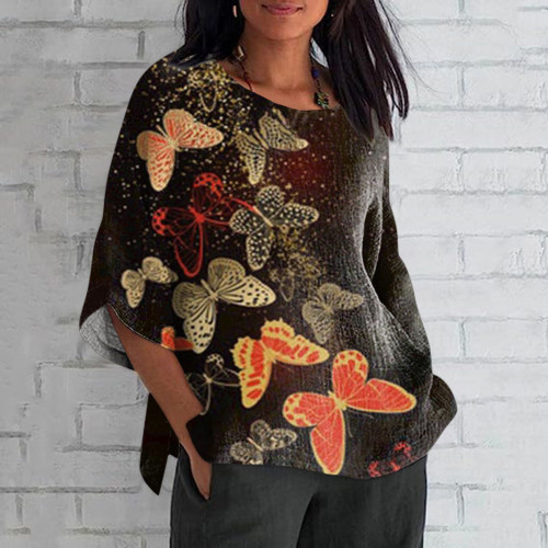 Elegant  Japanese Art Butterfly Print Crew Neck Casual T-Shirt