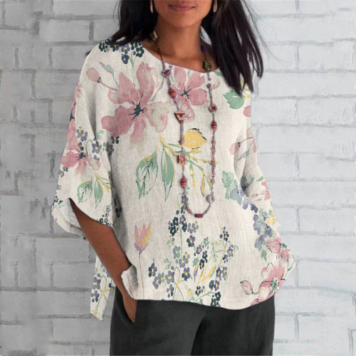 Elegant Japanese Art Floral Print Crew Neck Casual T-Shirt