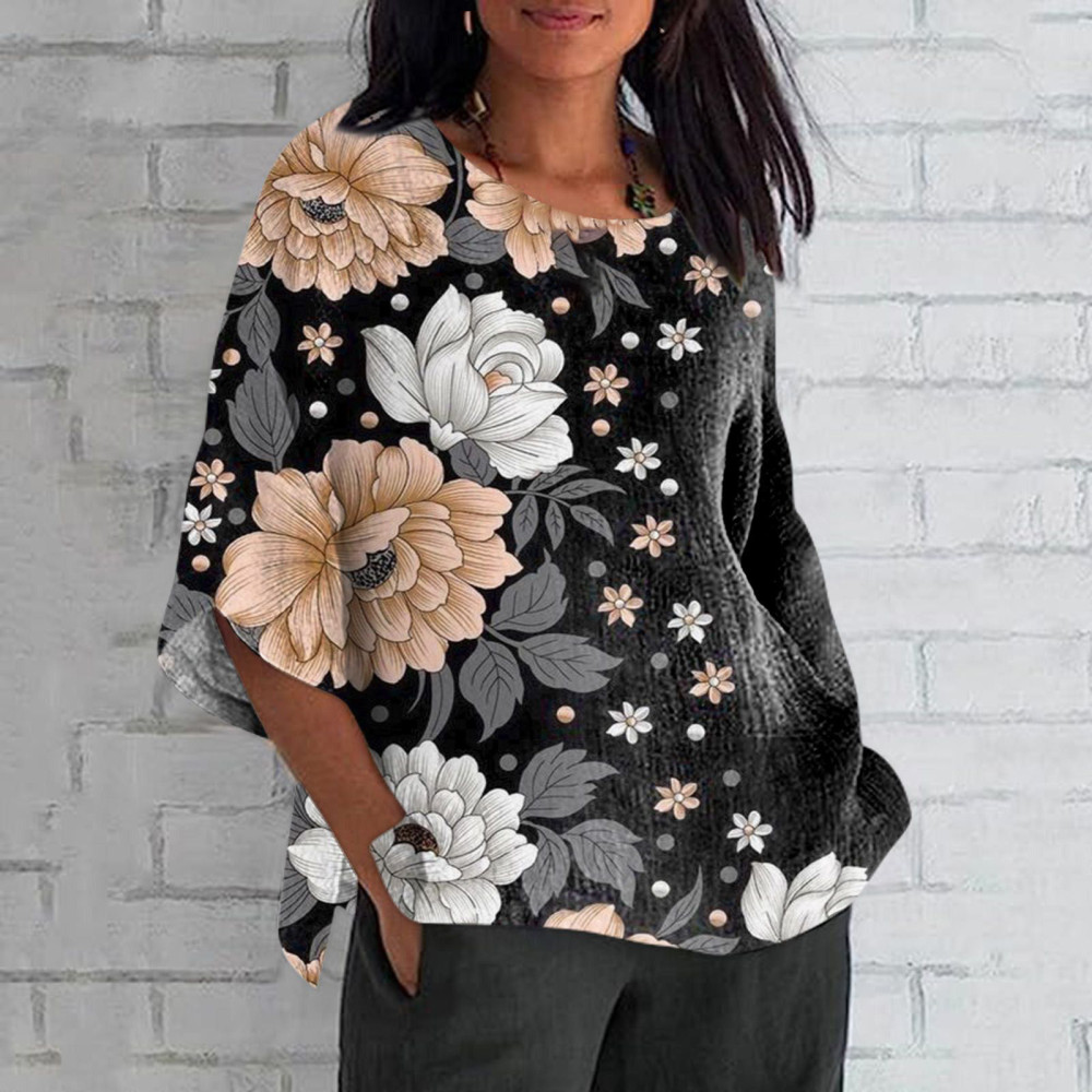 Elegant  Japanese Art Floral Print Crew Neck Casual T-Shirt