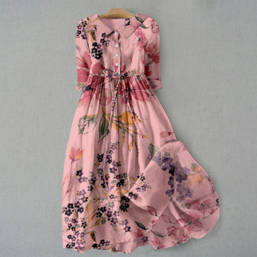 Elegant Japanese Art Floral Print Lace-up Casual Midi Dress