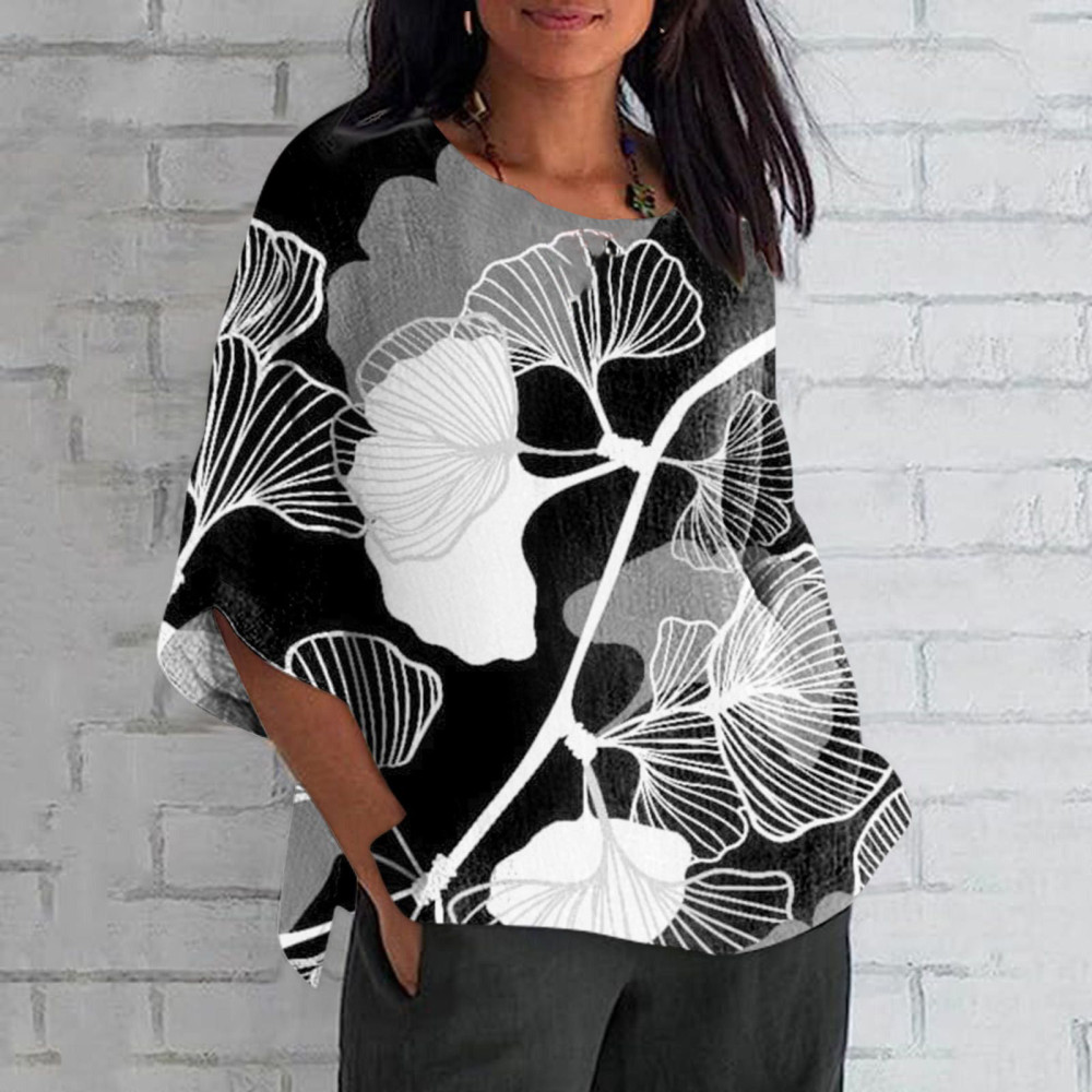 Elegant Japanese Art Ginkgo Print Crew Neck Casual T-Shirt