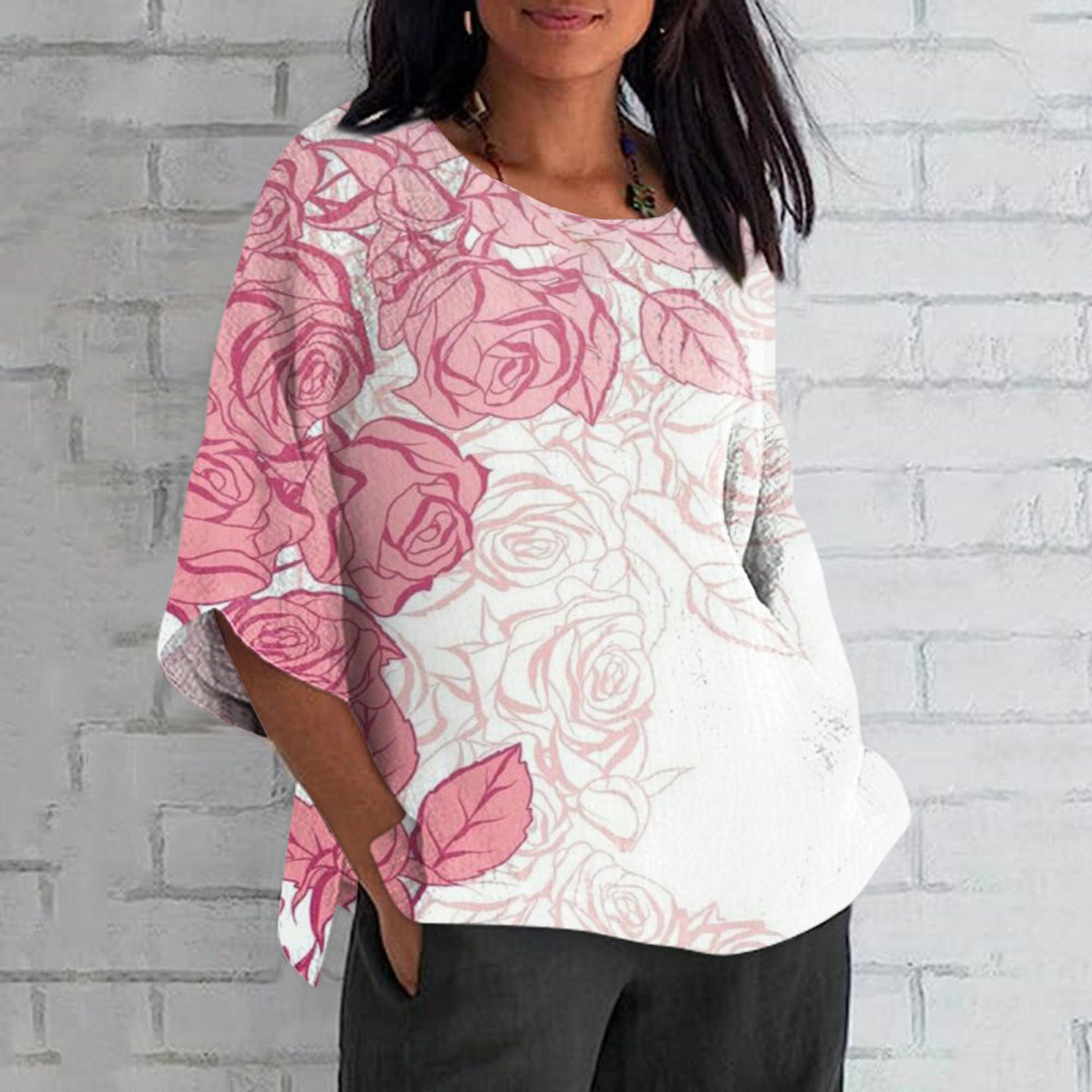 Elegant  Japanese Art Rose Floral Print Crew Neck Casual T-Shirt
